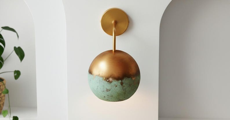 Handmade Moroccan Brass Wall Sconce – Turquoise Verdigris Patina Globe Wall Light with Copper Top and Warm Gold Interior, Boho Mediterranean Bedside Lamp for Bedroom, Hallway & Entryway