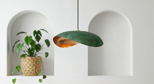 Handmade Moroccan Brass Sculptural Pendant Light – Asymmetrical Green Verdigris Patina Hanging Lamp with Warm Copper Interior, Modern Organic Ceiling Light for Dining Room, Kitchen Island & Living Room