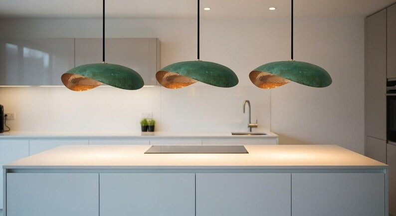 Handmade Moroccan Brass Sculptural Pendant Light – Asymmetrical Green Verdigris Patina Hanging Lamp with Warm Copper Interior, Modern Organic Ceiling Light for Dining Room, Kitchen Island & Living Room