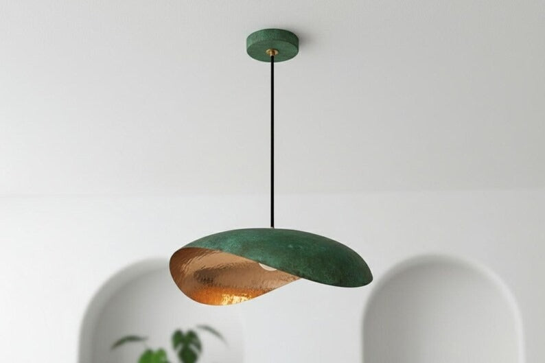 Handmade Moroccan Brass Sculptural Pendant Light – Asymmetrical Green Verdigris Patina Hanging Lamp with Warm Copper Interior, Modern Organic Ceiling Light for Dining Room, Kitchen Island & Living Room