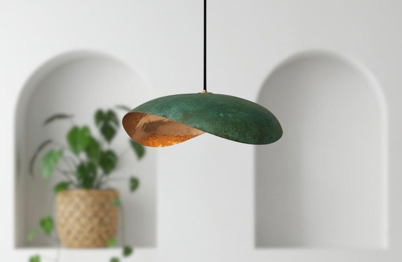 Handmade Moroccan Brass Sculptural Pendant Light – Asymmetrical Green Verdigris Patina Hanging Lamp with Warm Copper Interior, Modern Organic Ceiling Light for Dining Room, Kitchen Island & Living Room