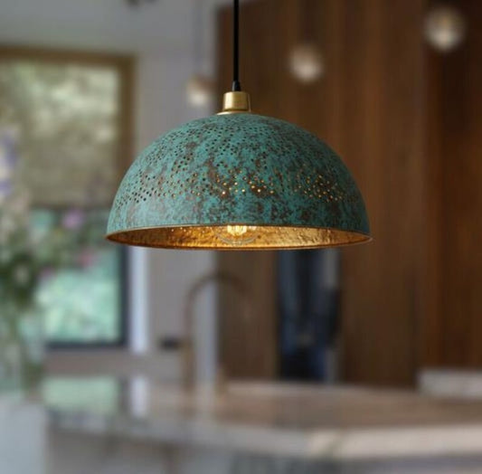 Handmade Brass Dome Pendant Light – Turquoise Patina Moroccan Ceiling Lamp, Pierced Brass Kitchen Island Pendant, Rustic Verdigris Dining Room Light Fixture