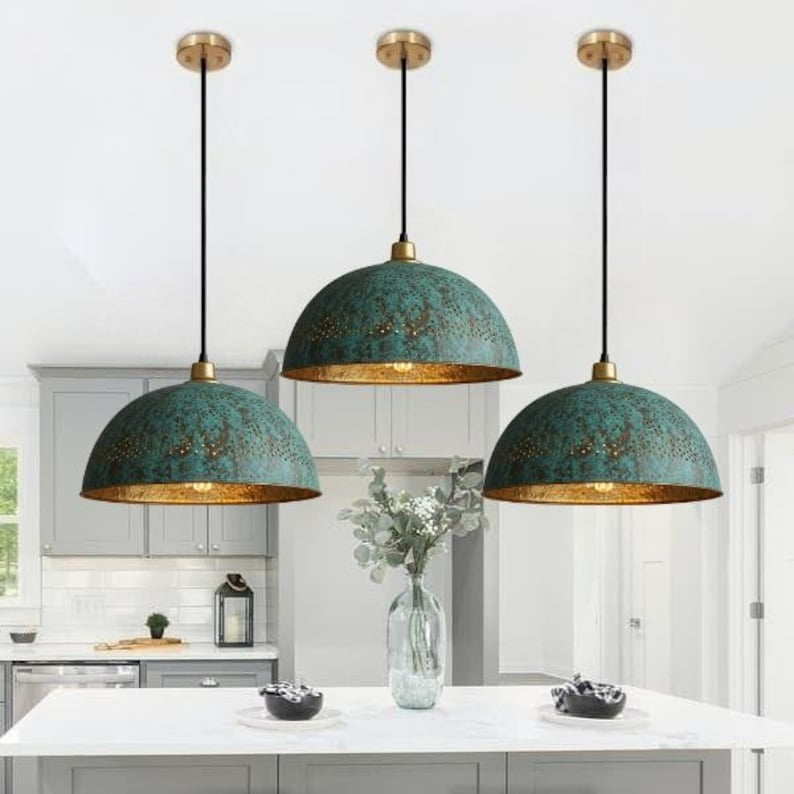 Handmade Brass Dome Pendant Light – Turquoise Patina Moroccan Ceiling Lamp, Pierced Brass Kitchen Island Pendant, Rustic Verdigris Dining Room Light Fixture