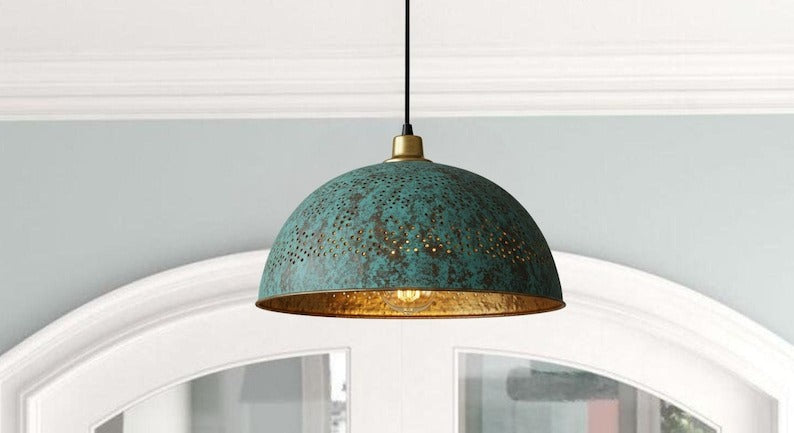Handmade Brass Dome Pendant Light – Turquoise Patina Moroccan Ceiling Lamp, Pierced Brass Kitchen Island Pendant, Rustic Verdigris Dining Room Light Fixture