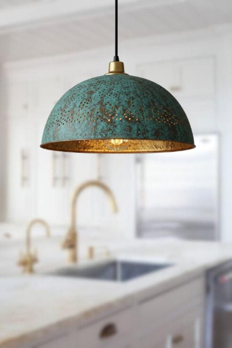 Handmade Brass Dome Pendant Light – Turquoise Patina Moroccan Ceiling Lamp, Pierced Brass Kitchen Island Pendant, Rustic Verdigris Dining Room Light Fixture