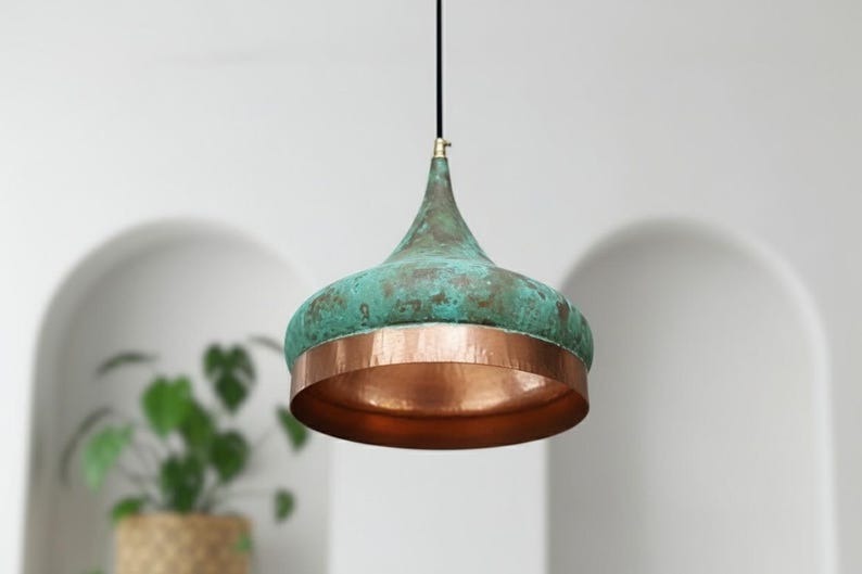 Handmade Moroccan Brass Pendant Light – Turquoise Verdigris Patina Onion Dome Hanging Lamp with Hammered Copper Brass Band, Boho Mediterranean Ceiling Light for Kitchen Island, Dining Room, Bedroom & Entryway