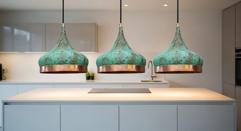 Handmade Moroccan Brass Pendant Light – Turquoise Verdigris Patina Onion Dome Hanging Lamp with Hammered Copper Brass Band, Boho Mediterranean Ceiling Light for Kitchen Island, Dining Room, Bedroom & Entryway