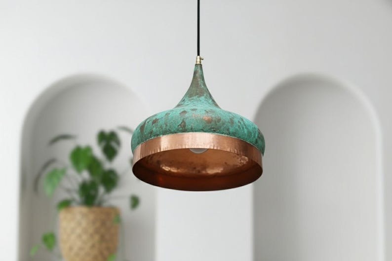 Handmade Moroccan Brass Pendant Light – Turquoise Verdigris Patina Onion Dome Hanging Lamp with Hammered Copper Brass Band, Boho Mediterranean Ceiling Light for Kitchen Island, Dining Room, Bedroom & Entryway