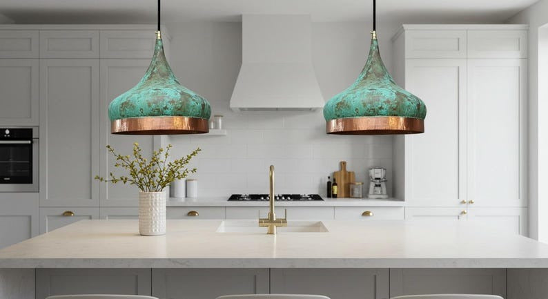 Handmade Moroccan Brass Pendant Light – Turquoise Verdigris Patina Onion Dome Hanging Lamp with Hammered Copper Brass Band, Boho Mediterranean Ceiling Light for Kitchen Island, Dining Room, Bedroom & Entryway