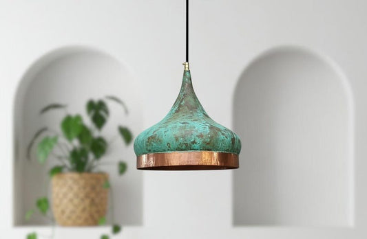 Handmade Moroccan Brass Pendant Light – Turquoise Verdigris Patina Onion Dome Hanging Lamp with Hammered Copper Brass Band, Boho Mediterranean Ceiling Light for Kitchen Island, Dining Room, Bedroom & Entryway