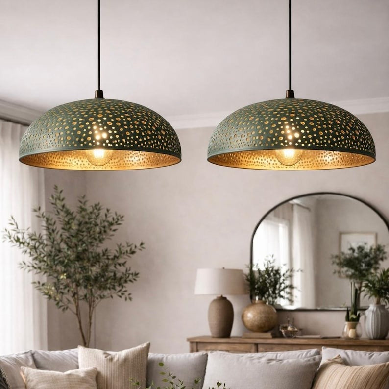 Set of 2 Handmade Moroccan Brass Pendant Lights – Green Patina Pierced Dome Ceiling Lamps, Large Kitchen Island & Dining Room Lighting