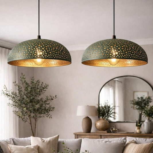 Set of 2 Handmade Moroccan Brass Pendant Lights – Green Patina Pierced Dome Ceiling Lamps, Large Kitchen Island & Dining Room Lighting