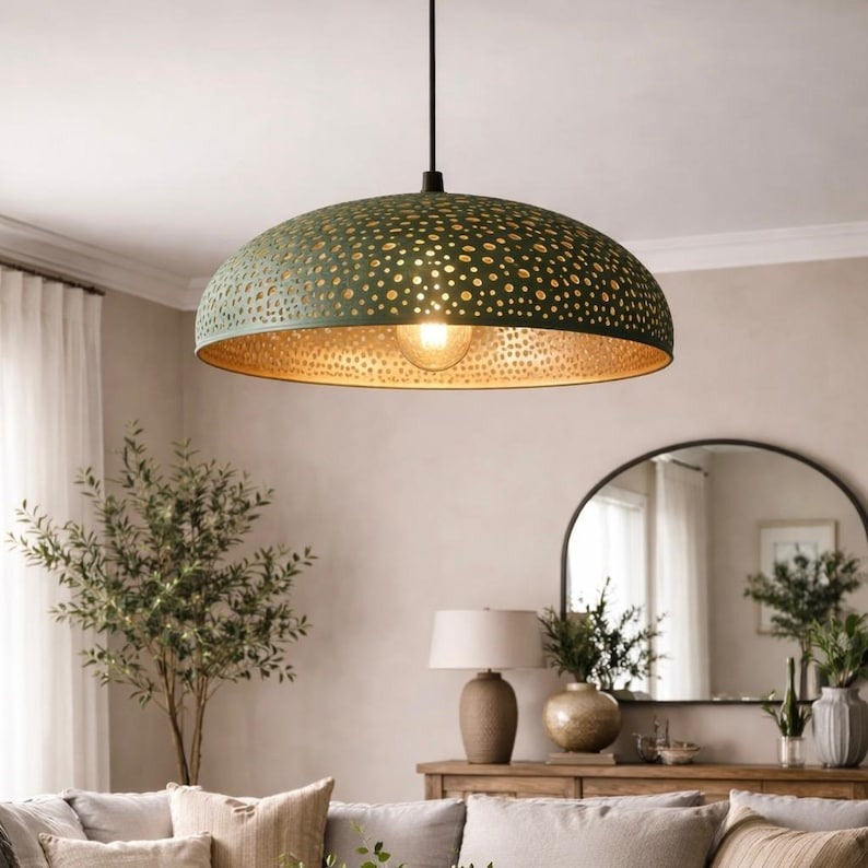 Set of 3 Handmade Moroccan Brass Pendant Lights – Green Patina Pierced Dome Ceiling Lamps, Large Kitchen Island & Dining Room Lighting