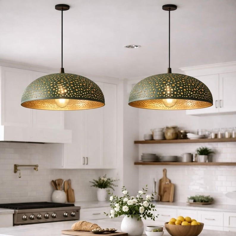 Handmade Moroccan Brass Pendant Light – Green Patina Pierced Dome Ceiling Lamp, Large Kitchen Island & Living Room Statement Lighting