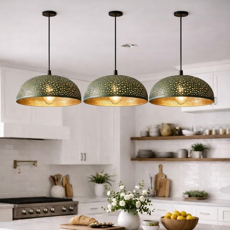 Handmade Moroccan Brass Pendant Light – Green Patina Pierced Dome Ceiling Lamp, Large Kitchen Island & Living Room Statement Lighting