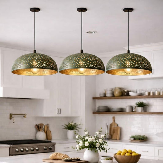Set of 3 Handmade Moroccan Brass Pendant Lights – Green Patina Pierced Dome Ceiling Lamps, Large Kitchen Island & Dining Room Lighting