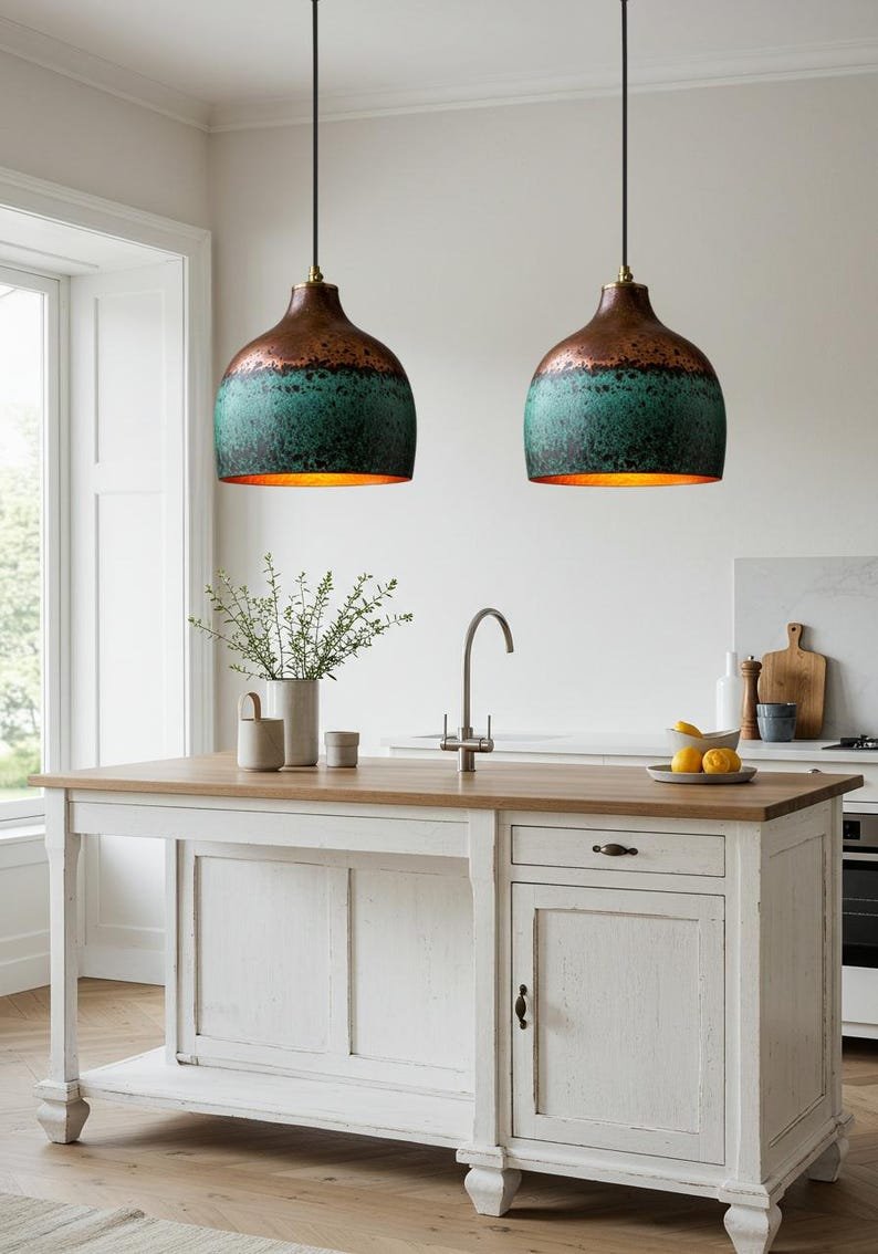 Green Patina Copper Pendant Light, Handmade Moroccan Two-Tone Copper Hanging Lamp, Verdigris Kitchen Island Chandelier, Rustic Boho Farmhouse Ceiling Light Fixture
