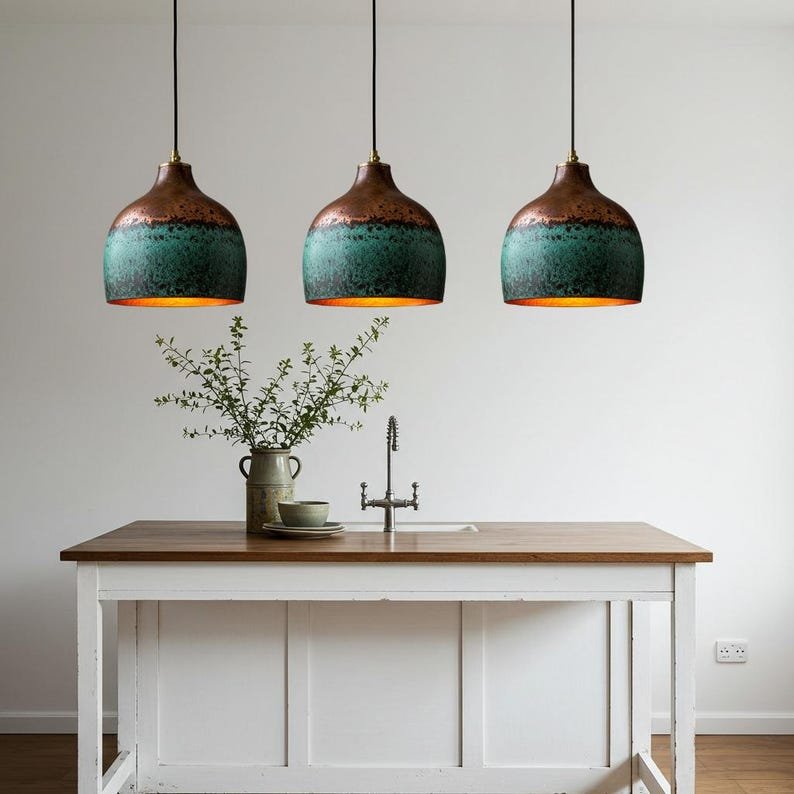 Green Patina Copper Pendant Light, Handmade Moroccan Two-Tone Copper Hanging Lamp, Verdigris Kitchen Island Chandelier, Rustic Boho Farmhouse Ceiling Light Fixture