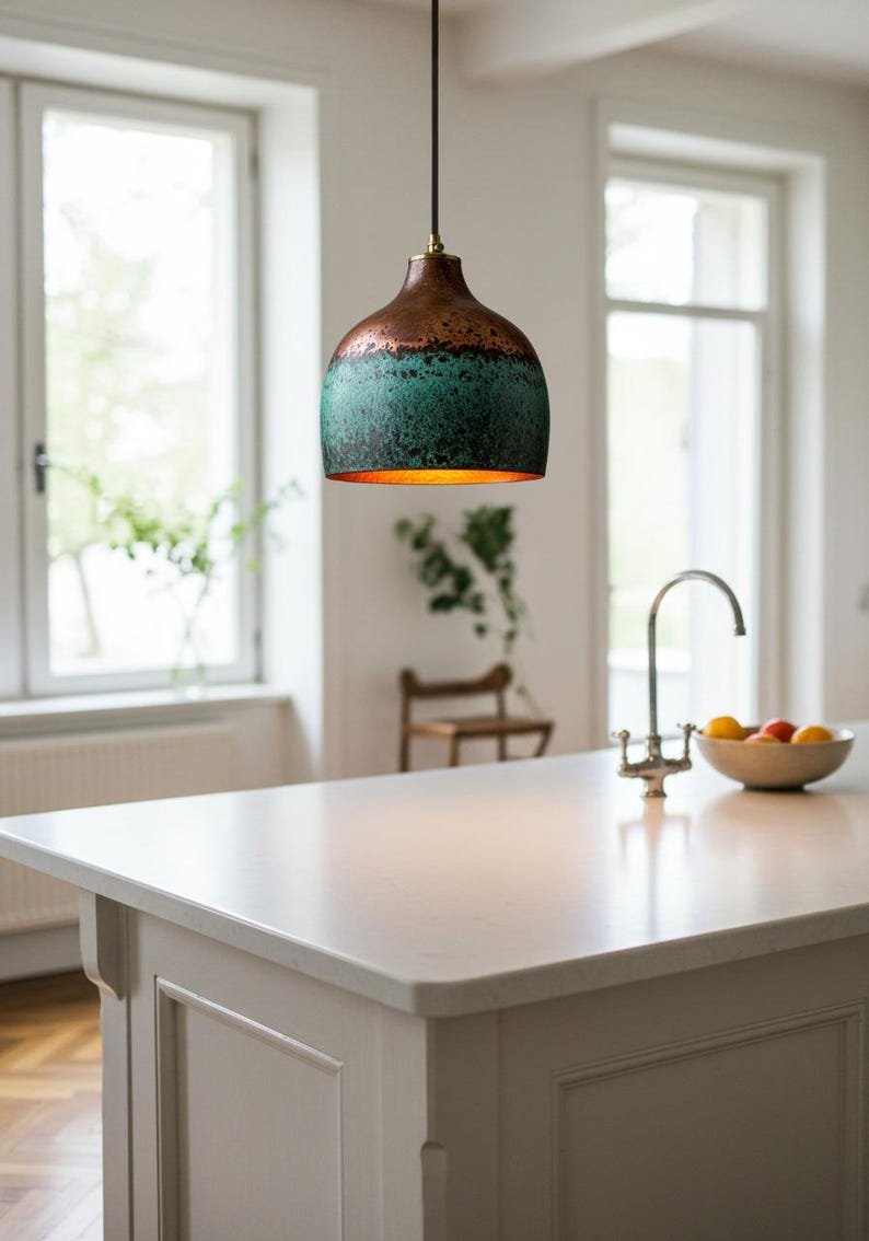 Green Patina Copper Pendant Light, Handmade Moroccan Two-Tone Copper Hanging Lamp, Verdigris Kitchen Island Chandelier, Rustic Boho Farmhouse Ceiling Light Fixture