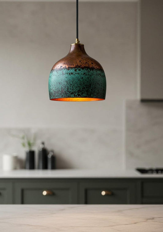 Green Patina Copper Pendant Light, Handmade Moroccan Two-Tone Copper Hanging Lamp, Verdigris Kitchen Island Chandelier, Rustic Boho Farmhouse Ceiling Light Fixture