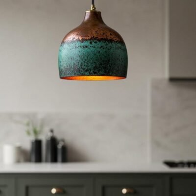 Green Patina Copper Pendant Light, Handmade Moroccan Two-Tone Copper Hanging Lamp, Verdigris Kitchen Island Chandelier, Rustic Boho Farmhouse Ceiling Light Fixture