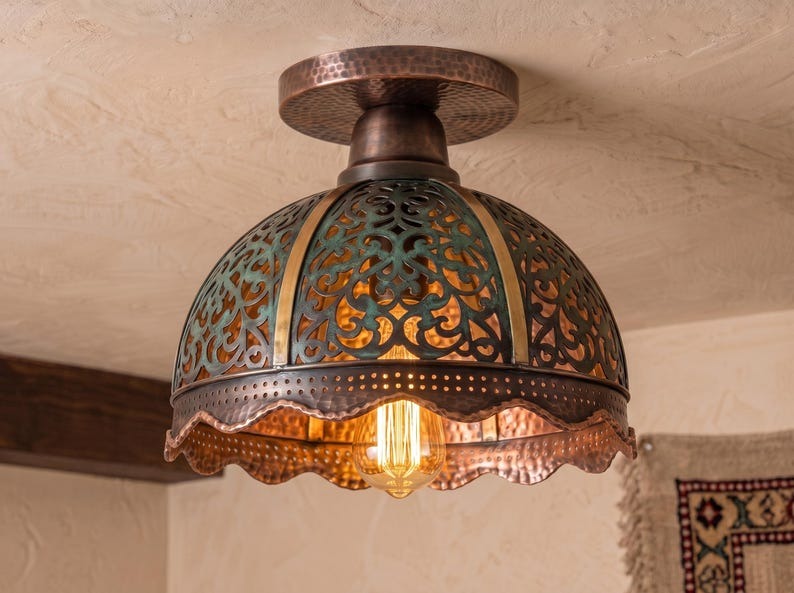 Handmade Brass Flush Mount Ceiling Light – Verdigris Green Patina Pierced Brass Dome Fixture with Scalloped Copper Edge, Moroccan Rustic Ceiling Lamp