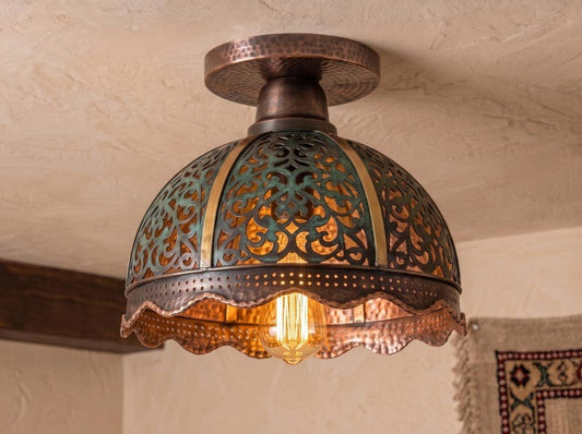 Handmade Brass Flush Mount Ceiling Light – Verdigris Green Patina Pierced Brass Dome Fixture with Scalloped Copper Edge, Moroccan Rustic Ceiling Lamp