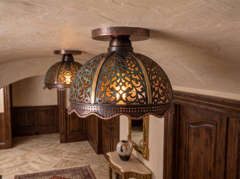 Handmade Brass Flush Mount Ceiling Light – Verdigris Green Patina Pierced Brass Dome Fixture with Scalloped Copper Edge, Moroccan Rustic Ceiling Lamp