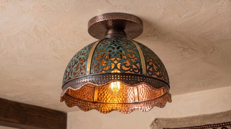 Handmade Brass Flush Mount Ceiling Light – Verdigris Green Patina Pierced Brass Dome Fixture with Scalloped Copper Edge, Moroccan Rustic Ceiling Lamp