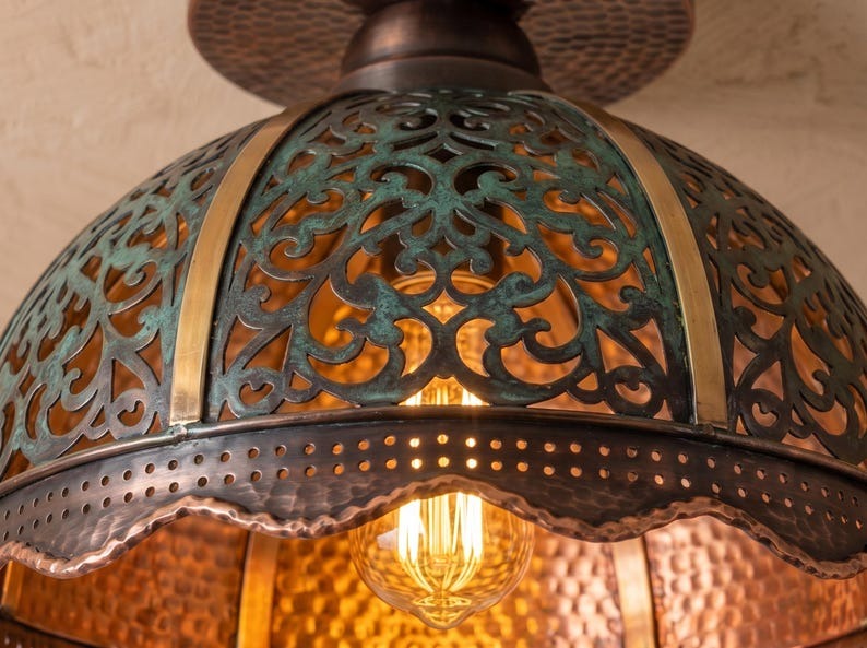 Handmade Brass Flush Mount Ceiling Light – Verdigris Green Patina Pierced Brass Dome Fixture with Scalloped Copper Edge, Moroccan Rustic Ceiling Lamp