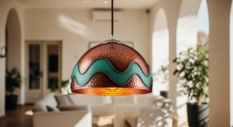 Hammered Copper Dome Pendant Light, Handmade Moroccan Turquoise Wave Chandelier, Green Patina Copper Kitchen Island Hanging Lamp, Rustic Boho Farmhouse Ceiling Light Fixture