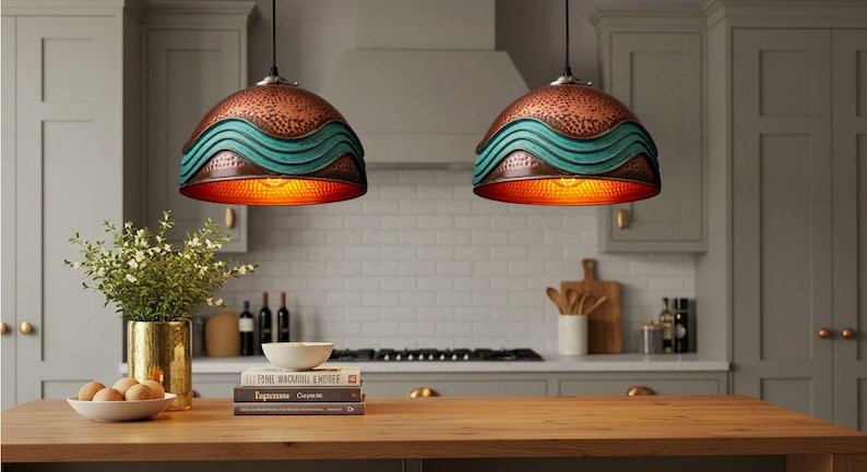 Hammered Copper Dome Pendant Light, Handmade Moroccan Turquoise Wave Chandelier, Green Patina Copper Kitchen Island Hanging Lamp, Rustic Boho Farmhouse Ceiling Light Fixture