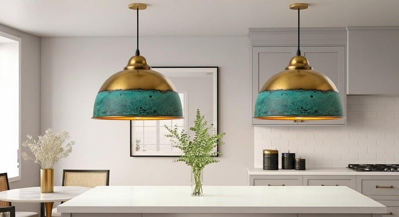 Handmade Green Patina Brass Pendant Light – Moroccan Globe Pendant Lamp with Perforated Copper Brass Band for Kitchen Island, Dining Room & Boho Home Décor