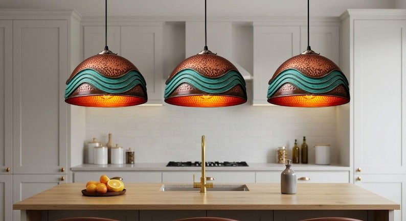 Hammered Copper Dome Pendant Light, Handmade Moroccan Turquoise Wave Chandelier, Green Patina Copper Kitchen Island Hanging Lamp, Rustic Boho Farmhouse Ceiling Light Fixture