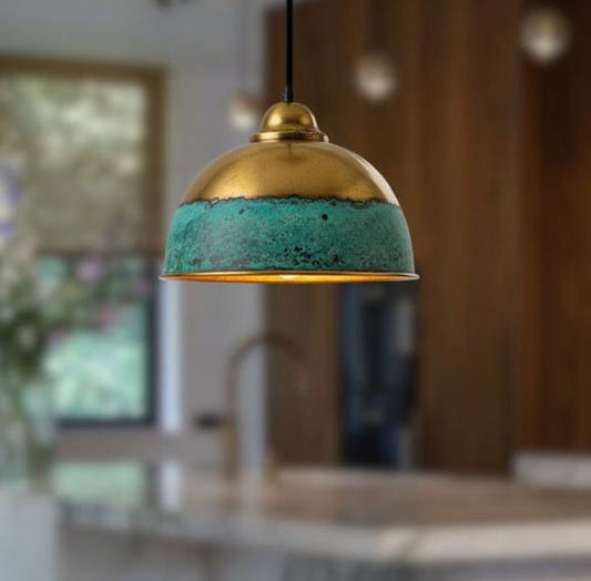 Handmade Green Patina Brass Pendant Light – Moroccan Globe Pendant Lamp with Perforated Copper Brass Band for Kitchen Island, Dining Room & Boho Home Décor