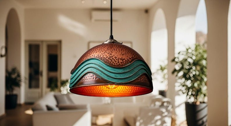 Hammered Copper Dome Pendant Light, Handmade Moroccan Turquoise Wave Chandelier, Green Patina Copper Kitchen Island Hanging Lamp, Rustic Boho Farmhouse Ceiling Light Fixture