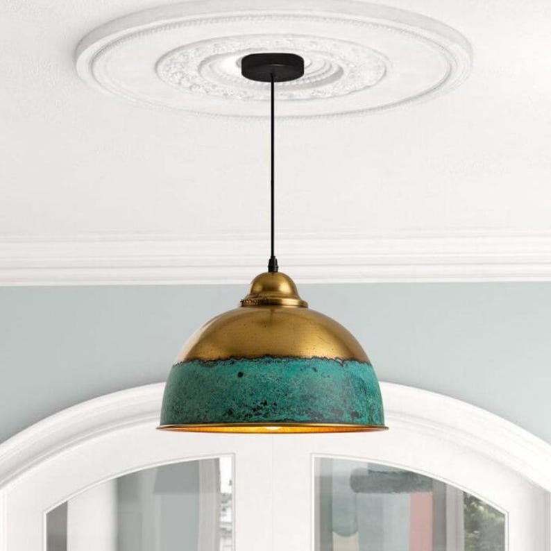Handmade Green Patina Brass Pendant Light – Moroccan Globe Pendant Lamp with Perforated Copper Brass Band for Kitchen Island, Dining Room & Boho Home Décor