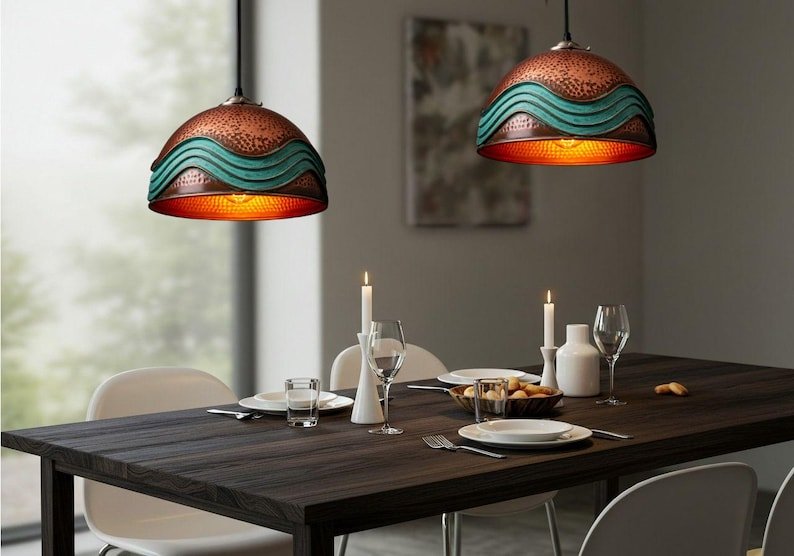 Hammered Copper Dome Pendant Light, Handmade Moroccan Turquoise Wave Chandelier, Green Patina Copper Kitchen Island Hanging Lamp, Rustic Boho Farmhouse Ceiling Light Fixture