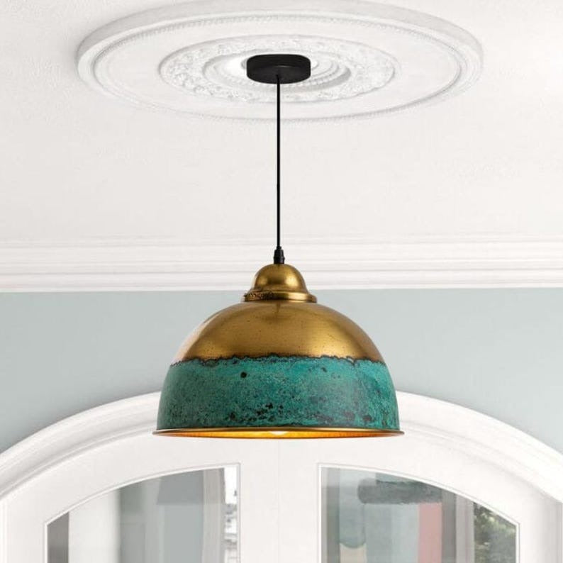 Handmade Green Patina Brass Pendant Light – Moroccan Globe Pendant Lamp with Perforated Copper Brass Band for Kitchen Island, Dining Room & Boho Home Décor