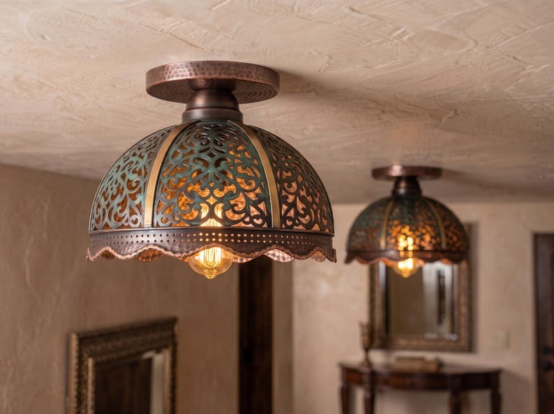 Handmade Brass Flush Mount Ceiling Light – Verdigris Green Patina Pierced Brass Dome Fixture with Scalloped Copper Edge, Moroccan Rustic Ceiling Lamp
