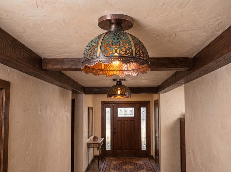 Handmade Brass Flush Mount Ceiling Light – Verdigris Green Patina Pierced Brass Dome Fixture with Scalloped Copper Edge, Moroccan Rustic Ceiling Lamp