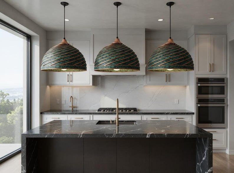 Spiral Green Patina Copper Dome Pendant Light, Handmade Moroccan Ribbed Copper Chandelier, Verdigris Kitchen Island Hanging Lamp, Rustic Boho Farmhouse Ceiling Light Fixture