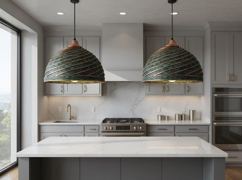 Spiral Green Patina Copper Dome Pendant Light, Handmade Moroccan Ribbed Copper Chandelier, Verdigris Kitchen Island Hanging Lamp, Rustic Boho Farmhouse Ceiling Light Fixture