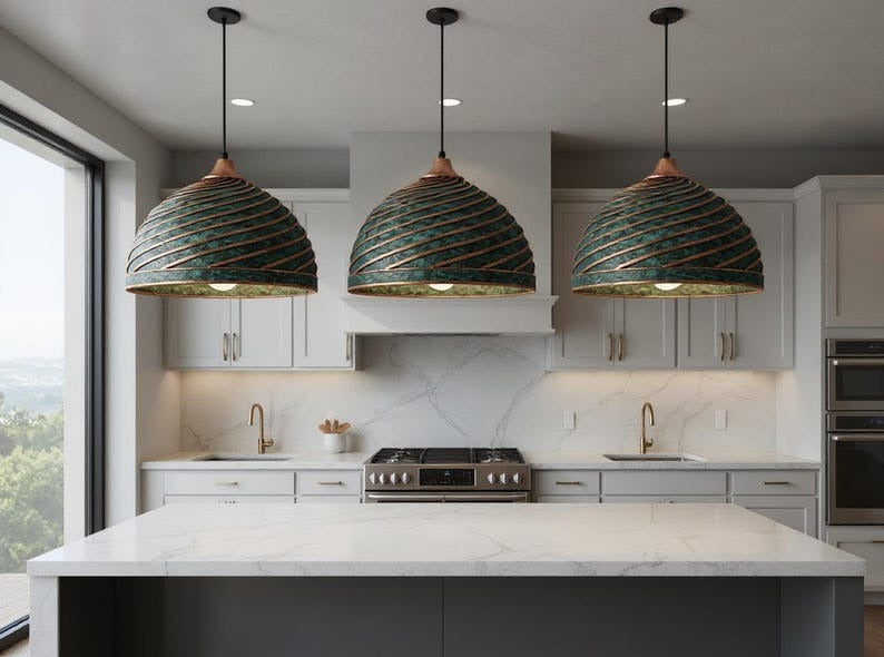 Spiral Green Patina Copper Dome Pendant Light, Handmade Moroccan Ribbed Copper Chandelier, Verdigris Kitchen Island Hanging Lamp, Rustic Boho Farmhouse Ceiling Light Fixture