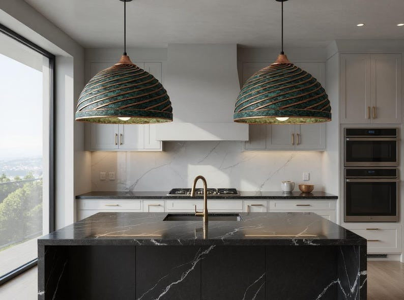 Spiral Green Patina Copper Dome Pendant Light, Handmade Moroccan Ribbed Copper Chandelier, Verdigris Kitchen Island Hanging Lamp, Rustic Boho Farmhouse Ceiling Light Fixture