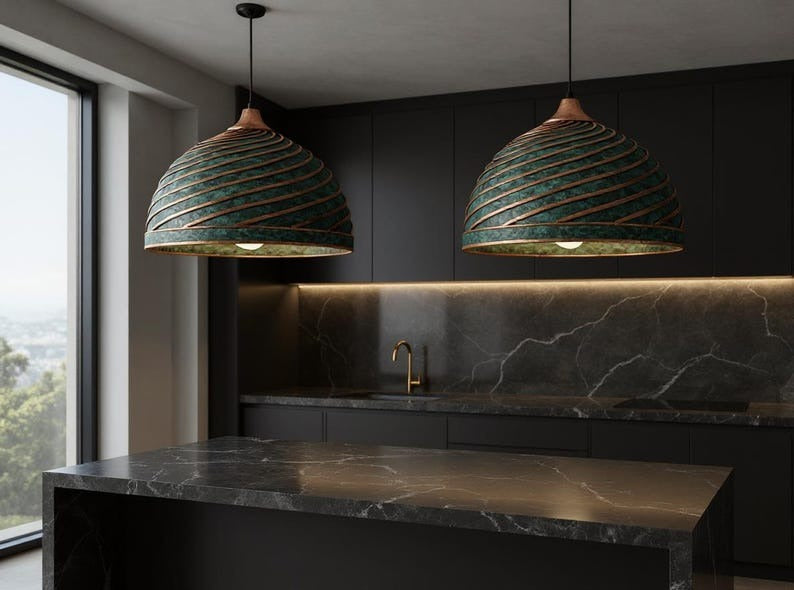 Spiral Green Patina Copper Dome Pendant Light, Handmade Moroccan Ribbed Copper Chandelier, Verdigris Kitchen Island Hanging Lamp, Rustic Boho Farmhouse Ceiling Light Fixture