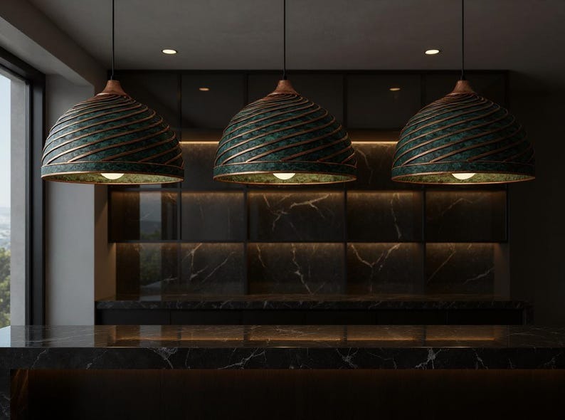 Spiral Green Patina Copper Dome Pendant Light, Handmade Moroccan Ribbed Copper Chandelier, Verdigris Kitchen Island Hanging Lamp, Rustic Boho Farmhouse Ceiling Light Fixture