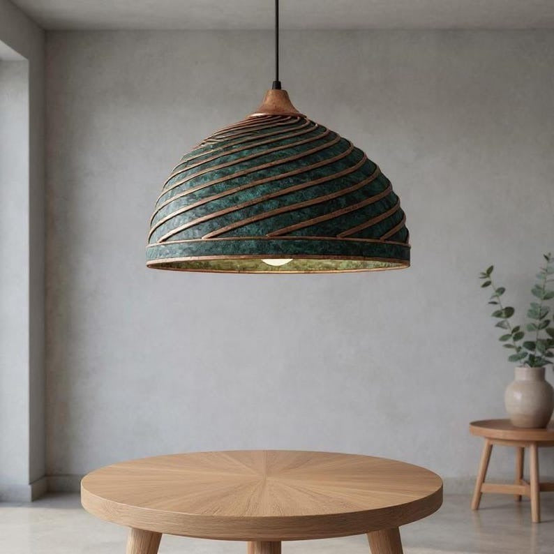 Spiral Green Patina Copper Dome Pendant Light, Handmade Moroccan Ribbed Copper Chandelier, Verdigris Kitchen Island Hanging Lamp, Rustic Boho Farmhouse Ceiling Light Fixture