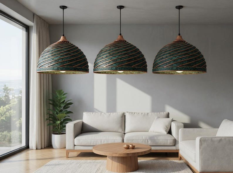 Spiral Green Patina Copper Dome Pendant Light, Handmade Moroccan Ribbed Copper Chandelier, Verdigris Kitchen Island Hanging Lamp, Rustic Boho Farmhouse Ceiling Light Fixture