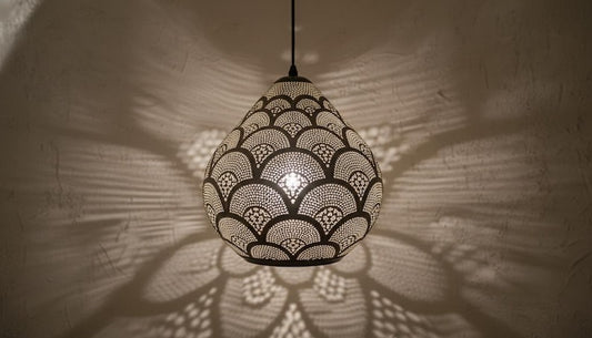 Handmade Moroccan Brass Pendant Light – Pierced Teardrop Lantern with Fish Scale Shadow Pattern for Bedroom, Entryway & Boho Home Décor